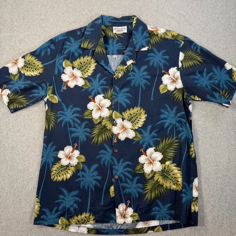 Pacific Legend Men's Large Hawaiian Shirt Navy Blue Palm Tree Hibiscus Vacation